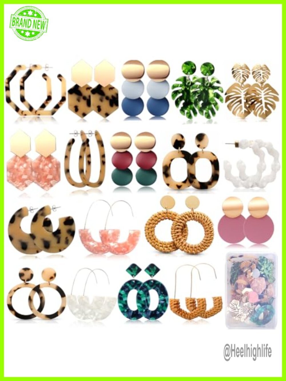 18 Pairs Straw Rattan Acrylic Resin Hoop Drop Dangle Earrings Set Hypoallergenic